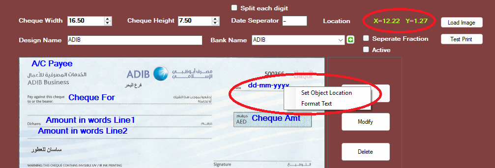 Cheque Design right-click menu showing Set Object Location and Format Text