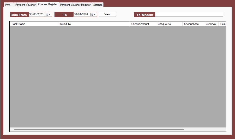 Cheque Register tab showing date filters, bank, issued to and cheque details