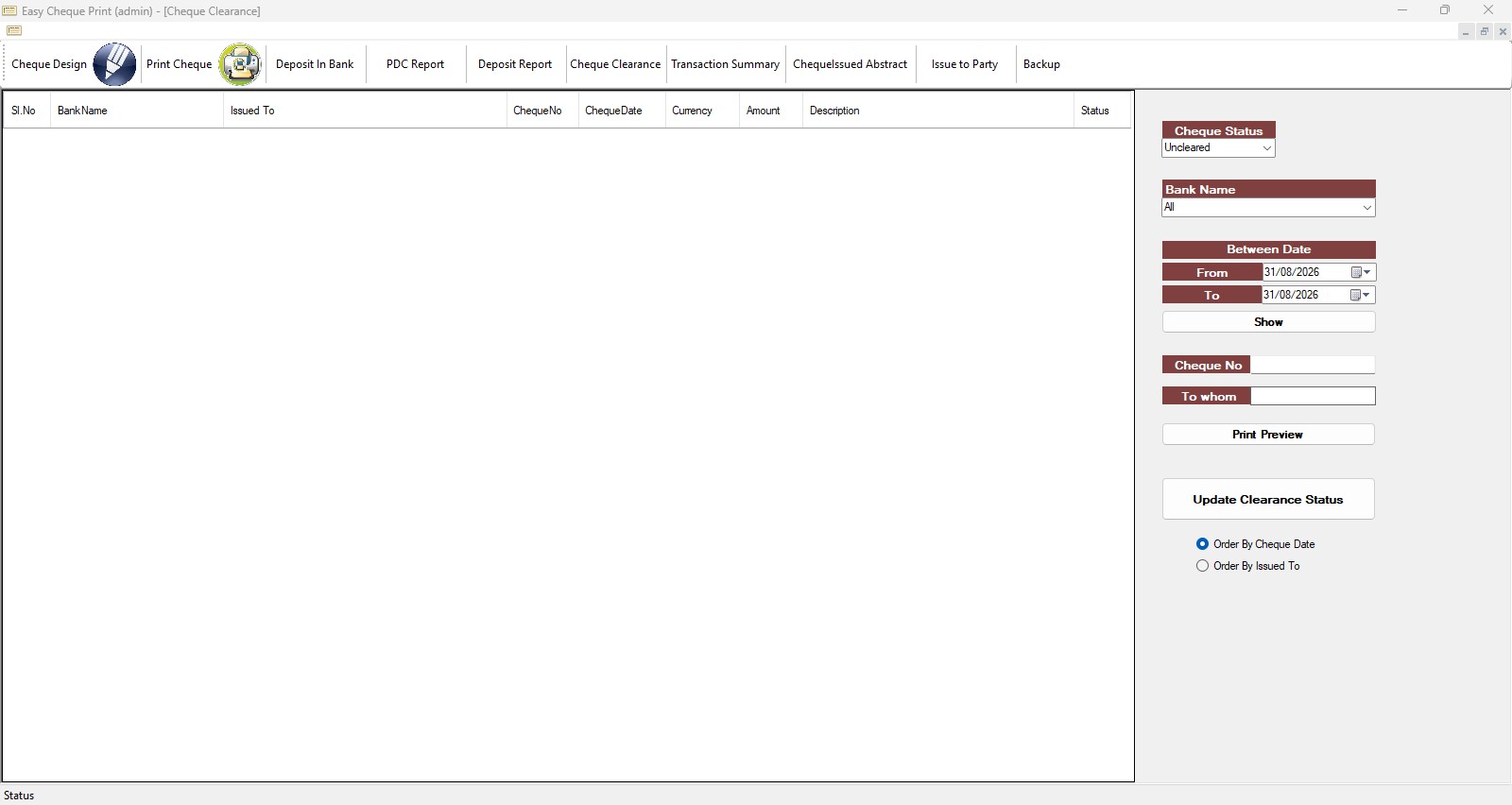 Cheque Clearance screen with filters and Update Clearance Status button