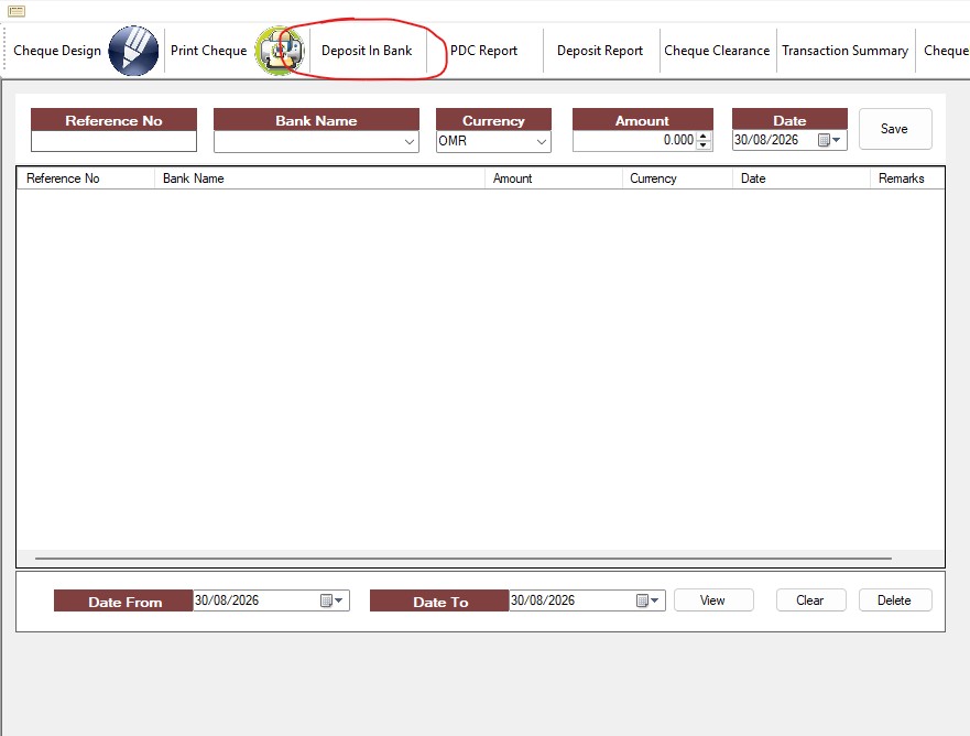 Deposit In Bank entry screen