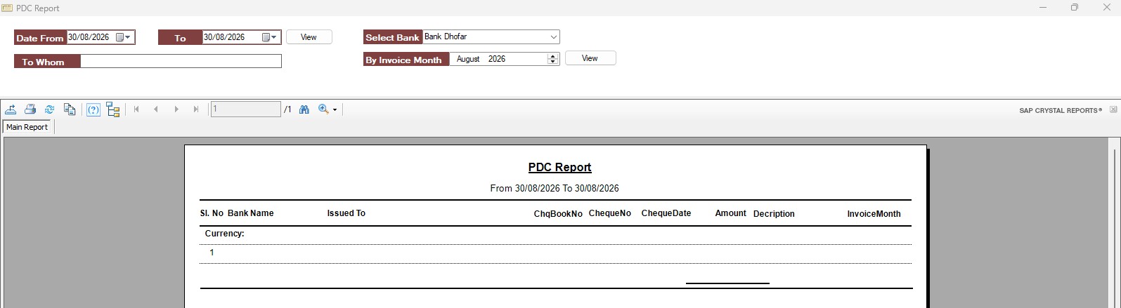 PDC Report window with date, bank, party and invoice-month filters
