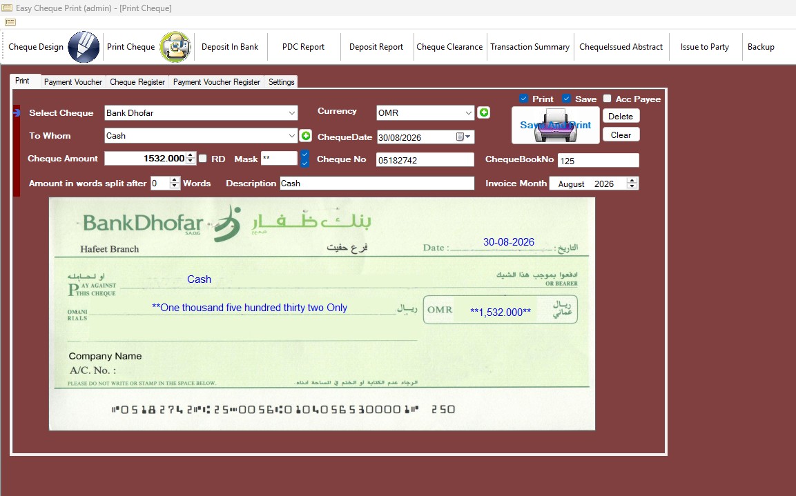 Easy Cheque Print screen showing a prepared BankDhofar cheque